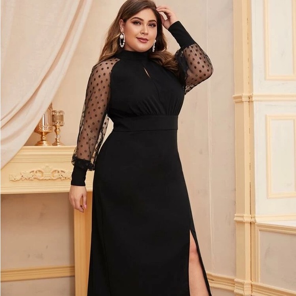 Shein Dobby Mesh Sleeves Split Hem Peekaboo Dress - Picture 1 of 4